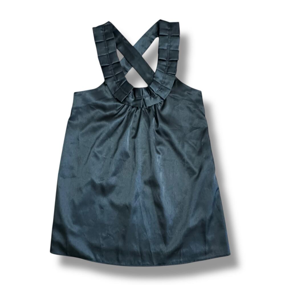 Vintage Zinc Y2K Black Pleated Cross Back Satin Look Halter Top Size Large